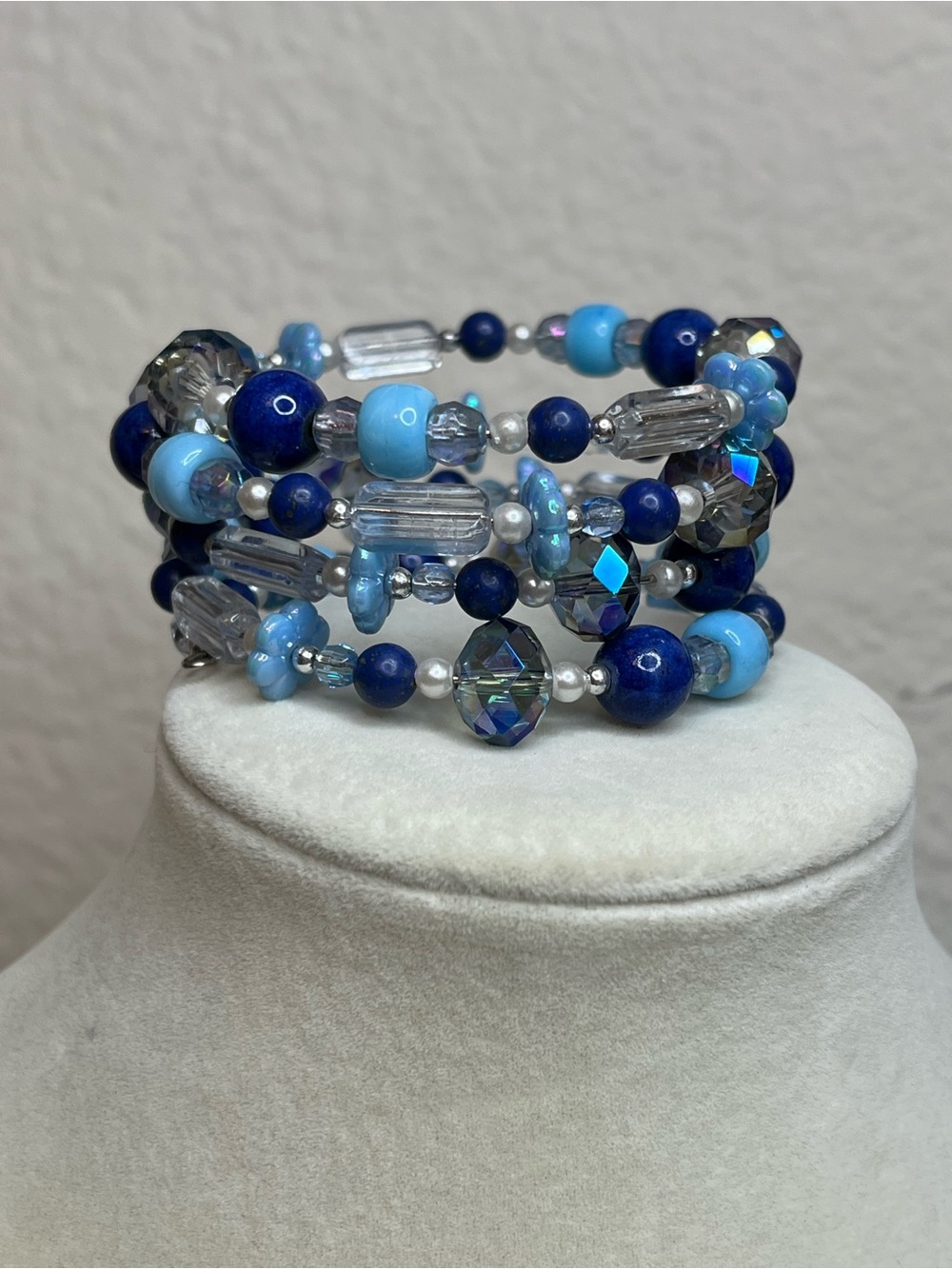 Blue glass wire beaded bracelet